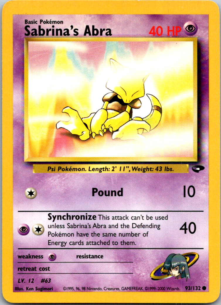 Sabrina's Abra 93/132 Gym Challenge Unlimited Pokemon Card Non-Holo LP - NM