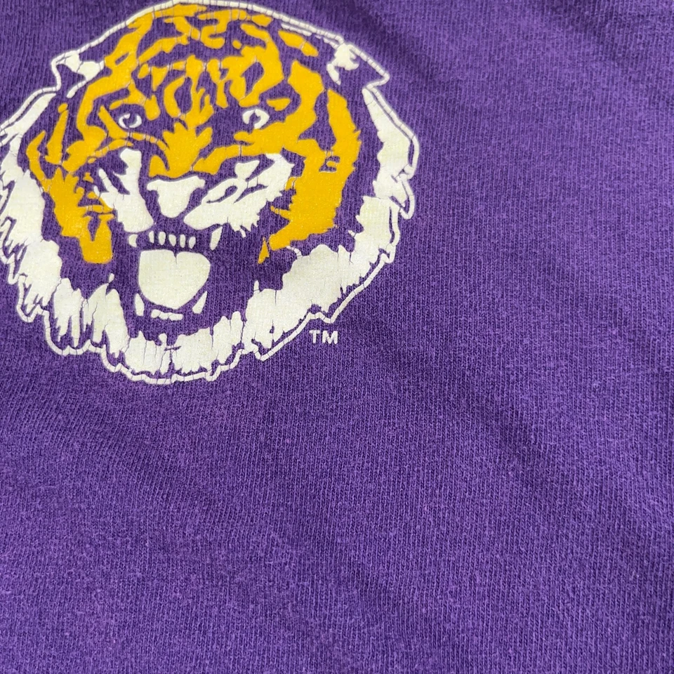 LSU Tiger Shirt Mens Medium Purple Crew Neck Spellout Logo Made In USA MJ Soffe - Image 4 of 4