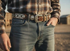 WB2585 RANGER BELT BROWN LEATHER COWHIDE SILVER BERRY CONCHOS ROPE 42 HEAVY