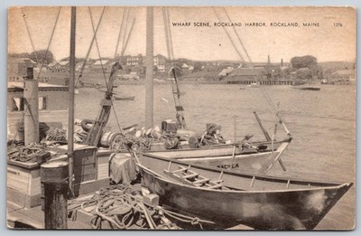Rockland Harbor Maine Wharf Scene Boats Vintage White Border Postcard 1910s C421