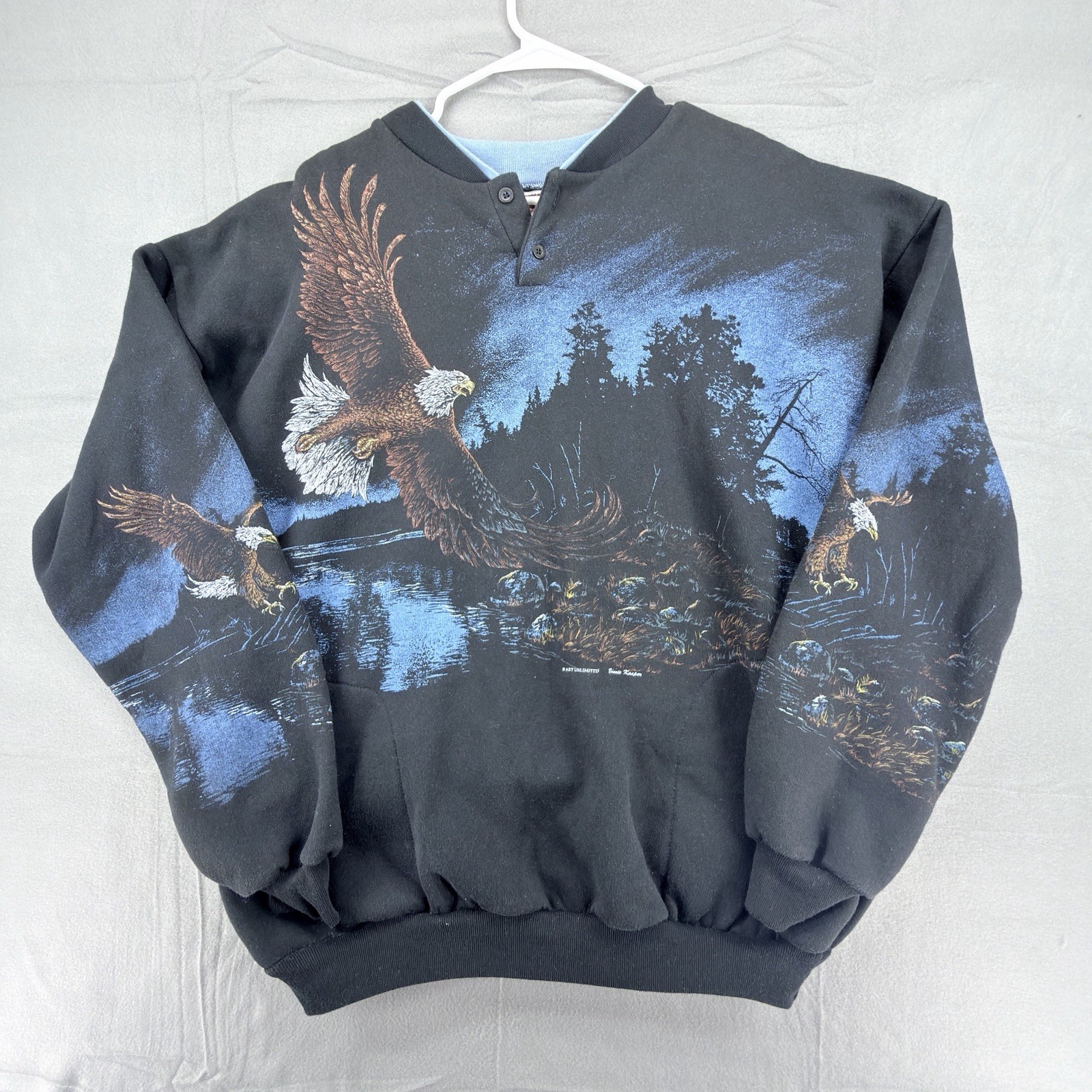 Vintage Art Unlimited Henley Sweatshirt Adult XL Black Bald Eagle AOP 90s Nature