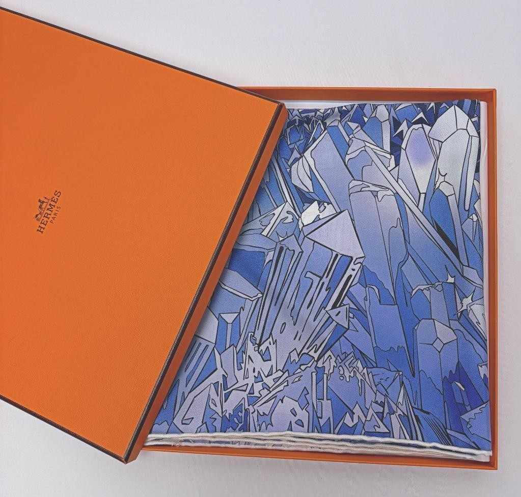 Hermes scarf silk Carre 90cm 35” La Vallee de Cristal Blue