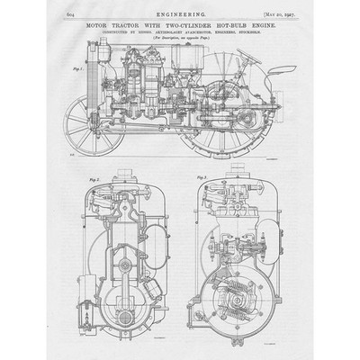 Avance Motor Traktor mit Zweizylinder Glühbirnenmotor 3x Oldtimer Drucke 1927