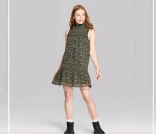Wild Fable Black Multicolor Ditzy Floral Mock Neck Smocked Mini Dress Size Large