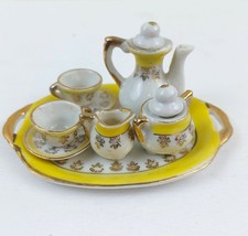 Vintage Viking Porcelain Mini Tea Set Japan Yellow Gold Cups Teapot Tray Dollhou