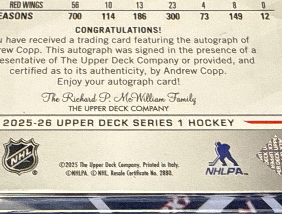 Andrew Copp 2025-26 Upper Deck Series 1 Base Snow Spray Auto #61  1:4000 Packs - Image 2 of 3