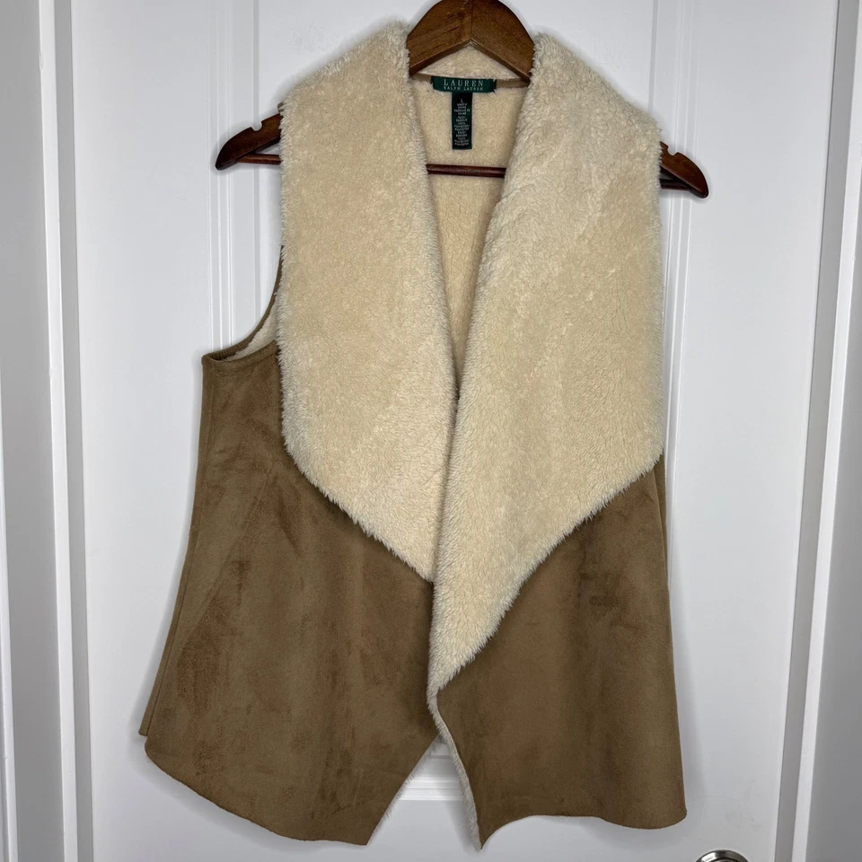 Lauren Ralph Lauren женщин искусственного шерпа с подкладкой замшевый жилет куртка SizeL коричневый открытый - Изображение 2 из 4