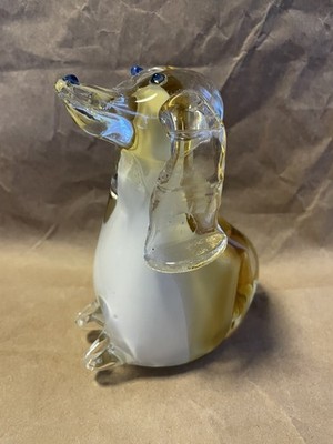 Vintage Pier 1 Cream Amber Blown Art Glass Sitting Dachshund Dog Paperweight 6  