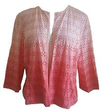 Chico's Size 1 Eyelet Jacket Cotton Open Front 3/4 Sleeve Pink Coral NWT