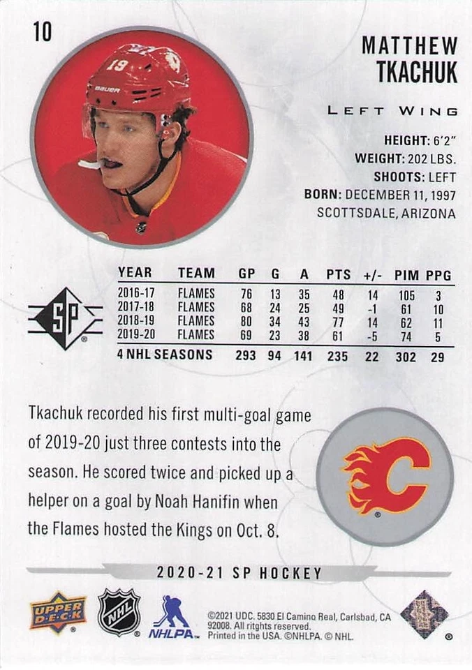 2020-21 SP Authentic #10 Matthew Tkachuk - Image 2 of 2
