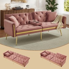 2-Seater Velvet Sofa Bed w/ 3-Level Backrest, Gold Accents & Cup Holders, Pink