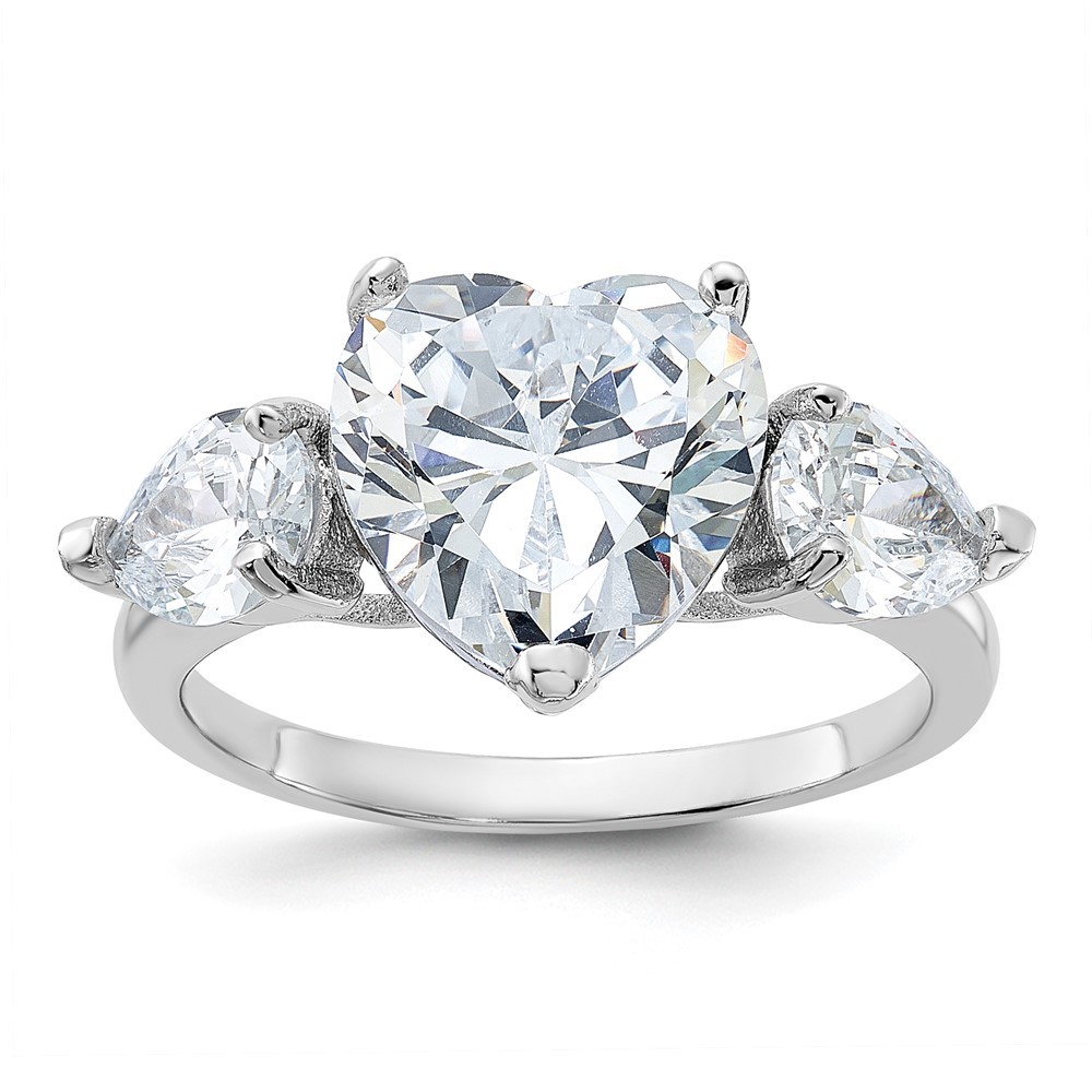 Sterling Silver Rhodium-plated Heart Shape Cubic Zirconia 3-Stone Ring Size 8