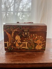 vintage wooden decoupage box purse, likely crafted in the 1960s or 1970s
