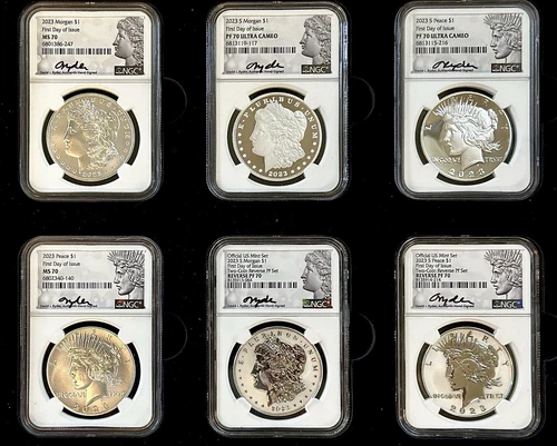 2023 $1 MORGAN & PEACE DOLLAR 6 COIN SET NGC MS/PF/RP70 FIRST DAY OF ISSUE