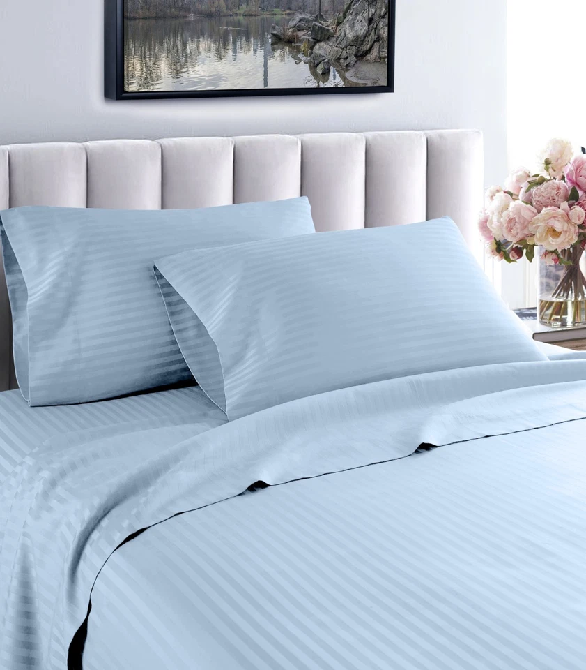 Juego de sábanas de bolsillo profundo Fresh Home 1000 hilos 100 % algodón a rayas Foto 3 de 4