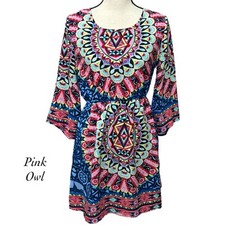Pink Owl Blue Pink Vibrant Boho Flare Sleeve Elastic Waist Tie Back Dress Size S