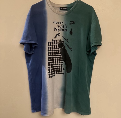 Raf Simons Closer With Nylon Graphic Print Jersey Crew Neck Tee Blue Green L