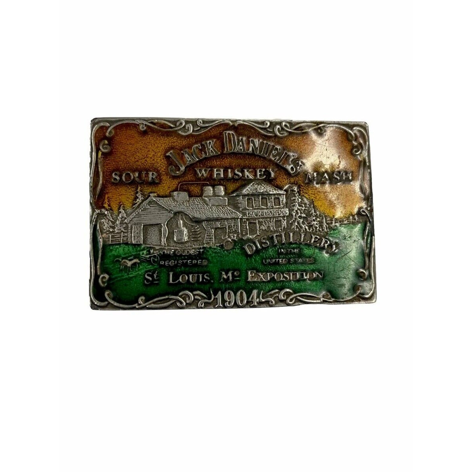 Jack Daniels Whiskey Brass Belt Buckle St Louis Distillery Sour Mash