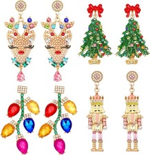 4 Pairs Sparkly Crystal Stud Earrings - Beaded Christmas Tree Reindeer Drop Da