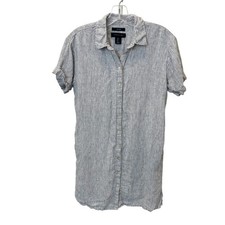 Tahari Blue White Striped 100% Linen Short Sleeve Button Front Dress SMALL