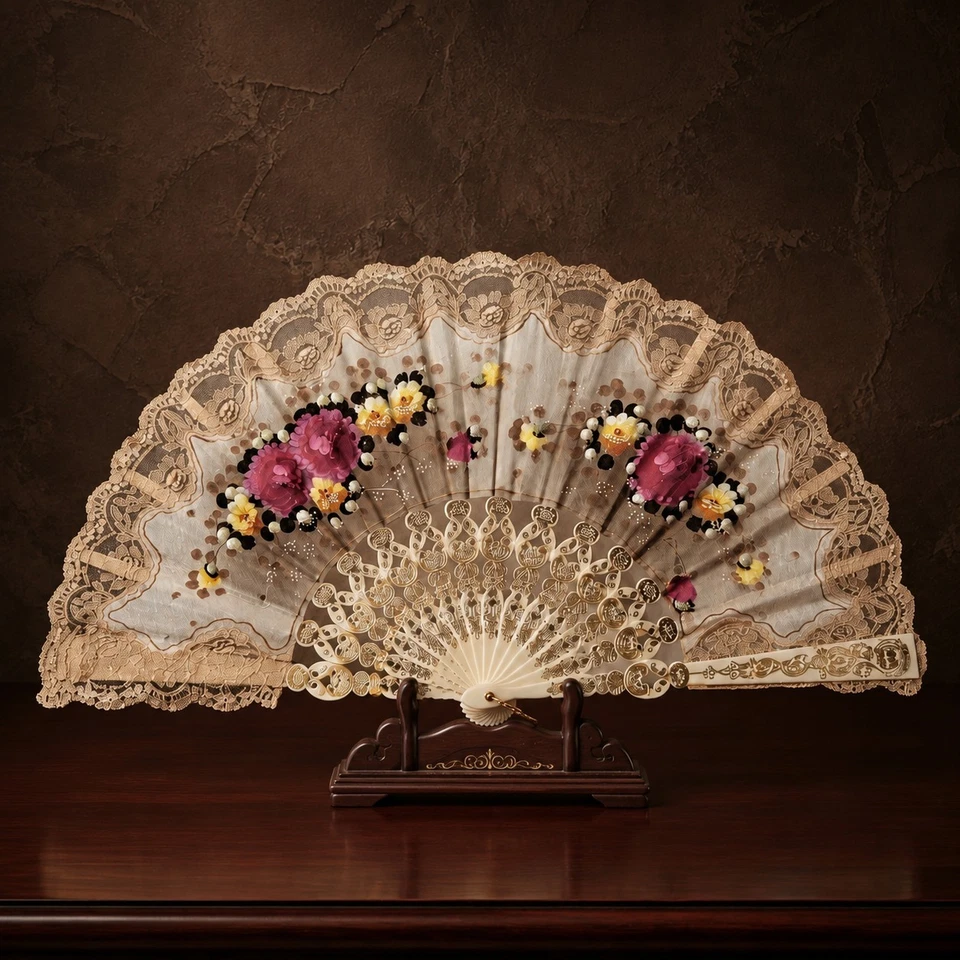 Éventail pliant noir ajouré motifs floraux rose violet doré pour costume - Photo 1/4