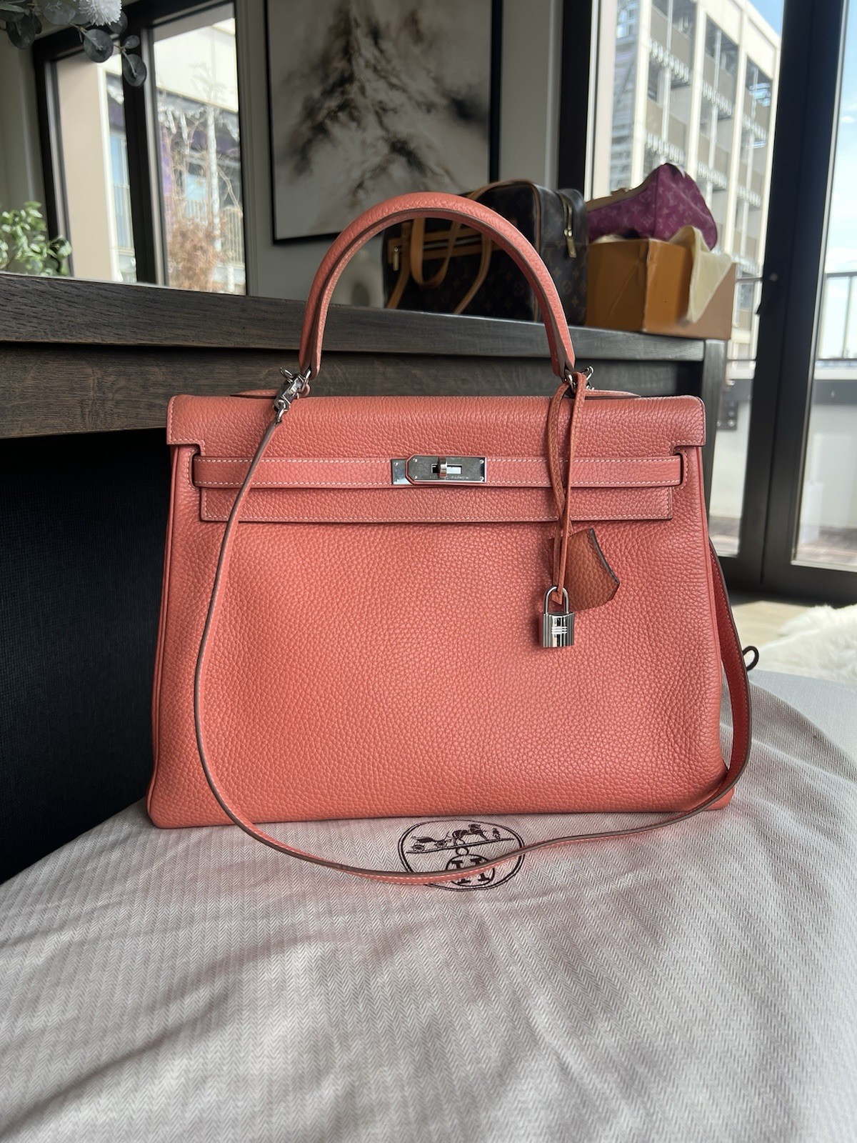 Hermes Kelly 35 Crevette Clemence Palladium Hardware, With Accessories