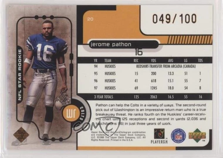 1998 Upper Deck NFL Star Rookie Bronze /100 Jerome Pathon #20 Rookie RC - Image 2 of 2