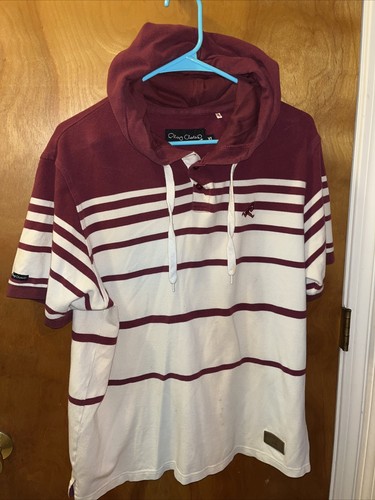 Play Cloths Mens Short Sleeve Hooded Red White Stripe Shirt Size XL
