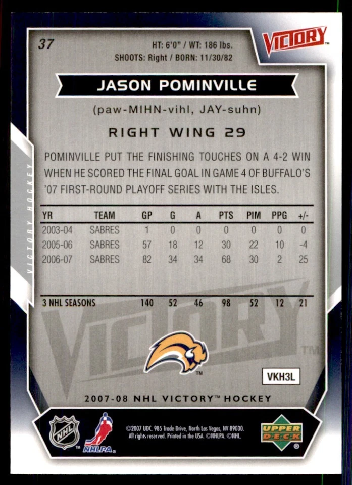 2007-08 Upper Deck Victory Jason Pominville Buffalo Sabres #37 - Image 2 of 2