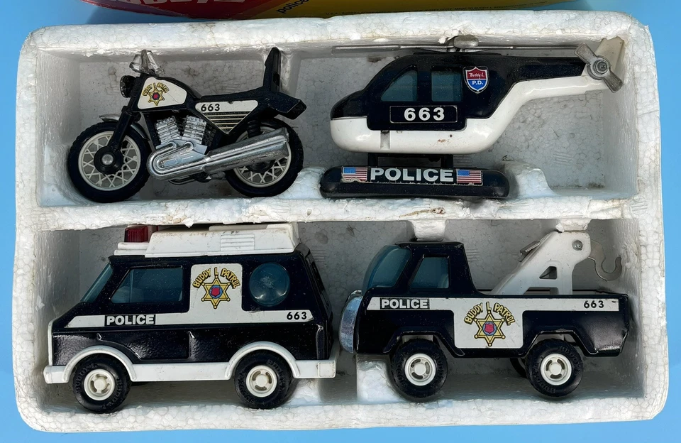 Buddy L Police Department Set Motorcycle Helicopter Van Tow Truck (AS IS) - Image 2 of 4