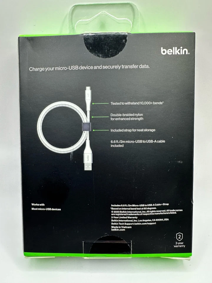 Belkin BOOST CHARGE Braided USB-A to Micro USB Cable 2m - White NEW SEALED BOX - Image 2 of 3
