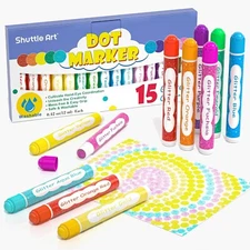 Shuttle Art Shimmer Dot Markers 15 Glitter Colors Washable Markers for Toddlers