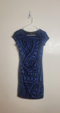Ellen Tracy Blue White Abstract Pattern Black Faux Wrap Knot Dress sz 4 EUC 