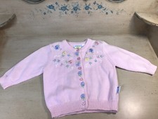 Vintage Infant Baby Girl Pink Floral Embroidered Knit Cardigan Sweater 6-12 M