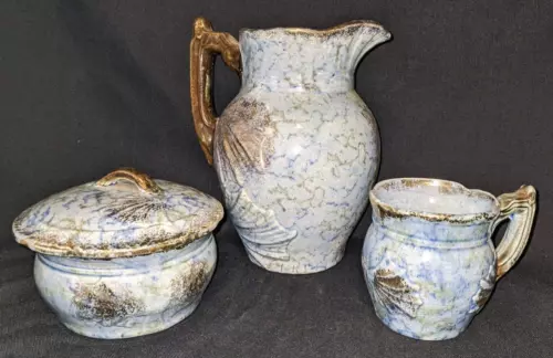 Antique Roseville Blue Cornelian Spongeware Pitcher, Shaving Mug, Powder Box Set