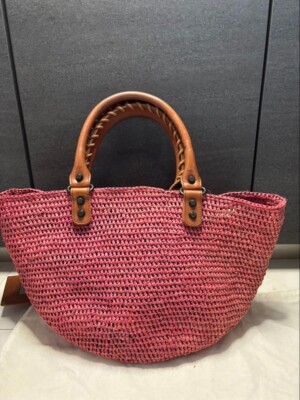 BALENCIAGA Panier Straw Bag Basket Bag Pink Brown Used W/Mirror