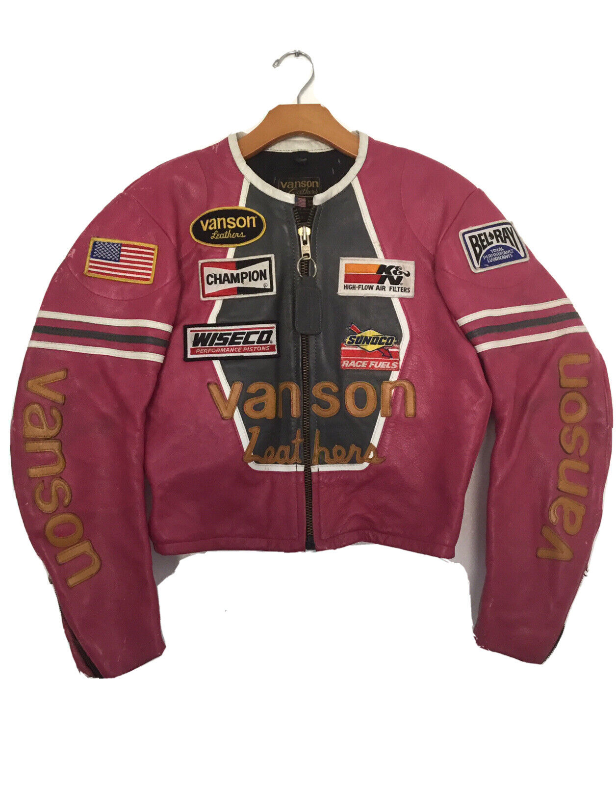 Vanson Genesis NYC Leather Race Jacket Patches Distressed Size 38 Raspberry  Pink