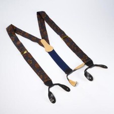 Coach Navy Blue Paisley Black Leather Buttoned Loop Braces Suspenders