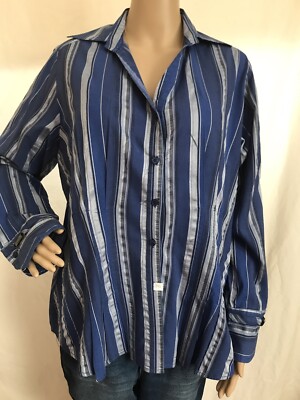 ASHLEY STEWART WOMEN'S SIZE 14W BLUE STRIPED V-NECK BUTTON DOWN SHIRT/ BLOUSE 