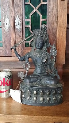 13.25'' Vintage Bronze Statue Parvati Mañjuśrī figure brandishing sword - India