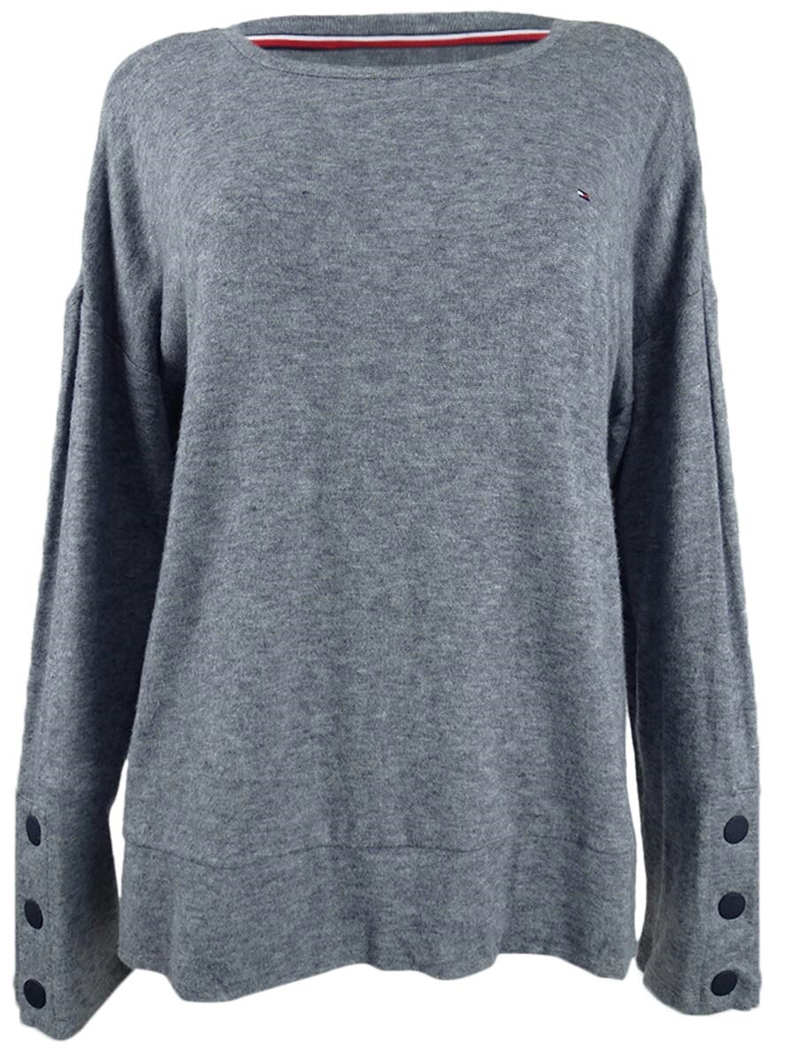 Tommy Hilfiger Womens Gray Heather Long Sleeve JEWEL Neck Top Size 