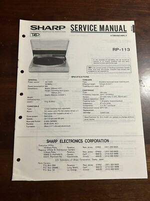 Service Record Sharp Sharp RP-113 Turntable Record Player Service Manual Repair OEM Diagrams ...