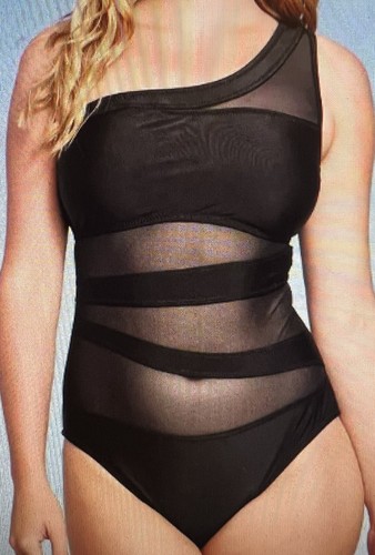 SHADE & SHORE Women's Black One Shoulder Mesh One Piece Swimsuit Swimwear Large - Picture 3 of 10