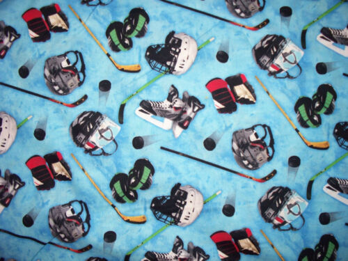 HOCKEY MASKS & STICKS BLUE COTTON FABRIC FQ - Picture 1 of 5