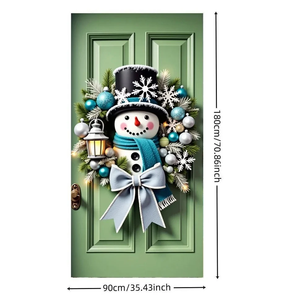 Merry Christmas Door Cover Snowman Wreath Lantern Design Hanging Banner Backd... - Image 3 of 4