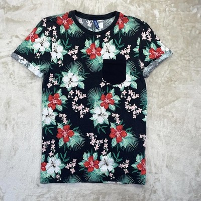 DIVIDED H&M Men's XS Black Floral Hawaiian T-Shirt Crew Neck Pocket Tropical
