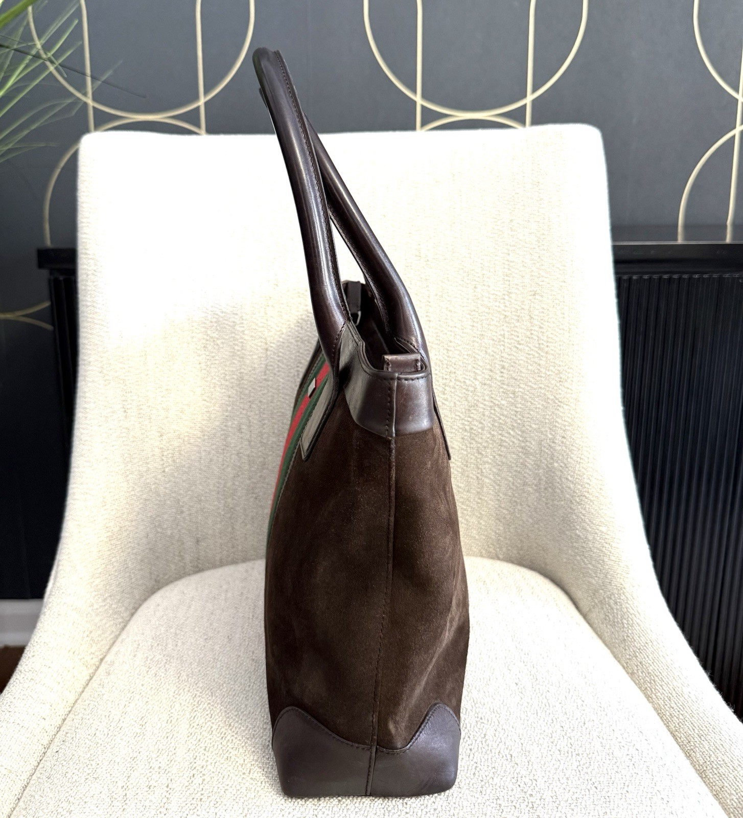 Gucci Authentic Brown Suede Medium Tote Bag Brown Leather Sherry Line Accents thumbnail 6