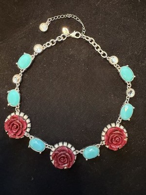 Lia Sophia  Odette  Flower Necklace w/Blue/Red Crystals, Glass Pearls & Resin