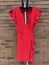Lulus Much to Celebrate Red Swiss Dot Flutter Sleeve Wrap Mini Dress Size Small