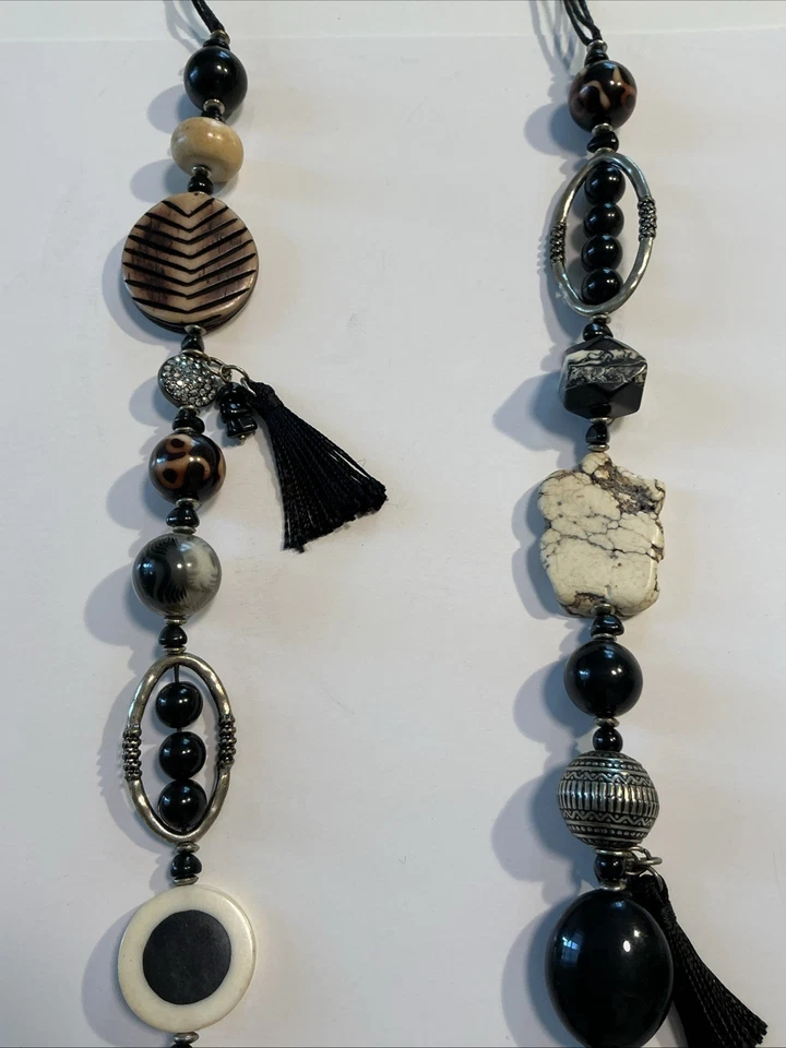 Chunky Black Gray Brown Silver Shell Bead Stone Necklace Long - Image 3 of 4